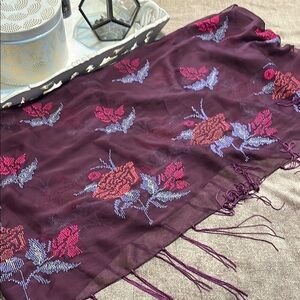 Elegant Floral Purple Fringed Scarf